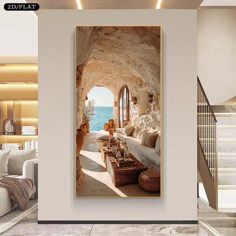 2D Flat Large Canvas Printing Rustic Seaside Retreat with Stone Home Decoration Canvas Prints Wall Art for Living Room Bedroom