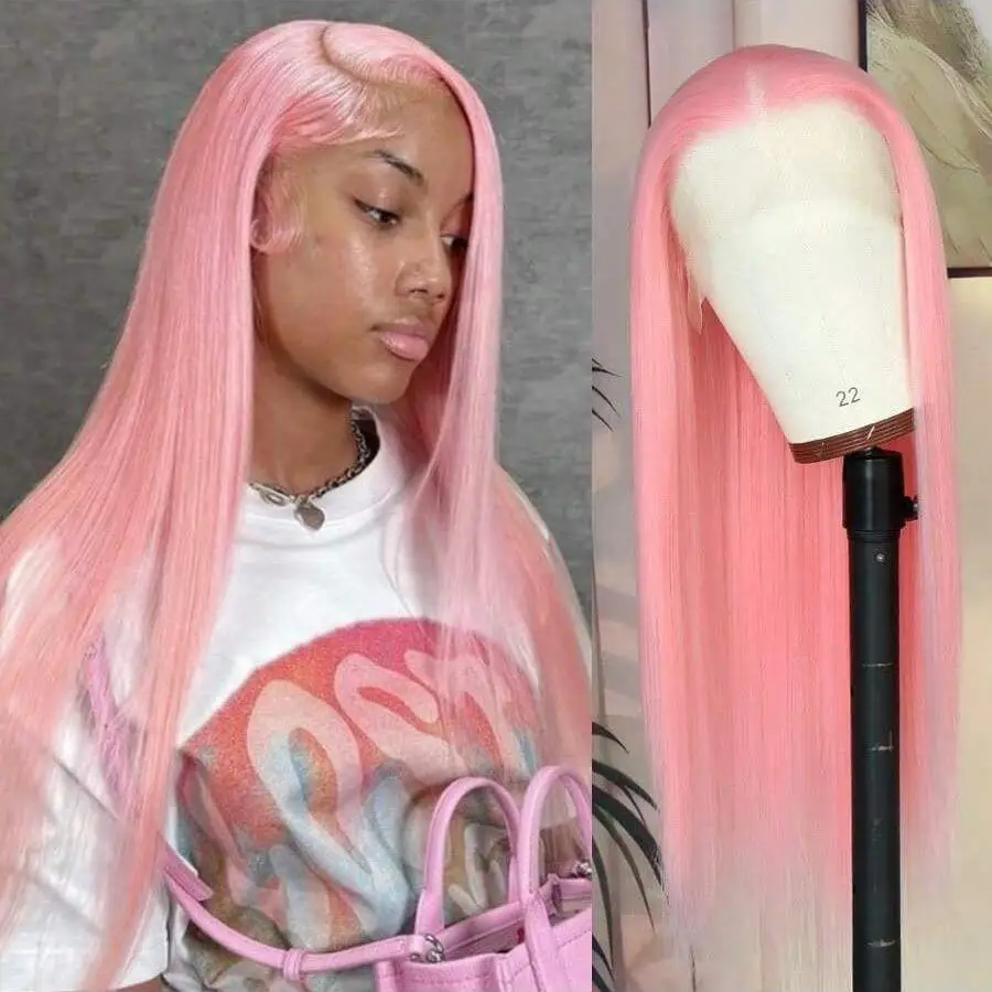 

Light Pink HD Lace Frontal Wig Bone Straight 13x6 Human Hair Wigs Red Colored Wig 30 Inch 13x4 Brazilian Hair Wigs for Women