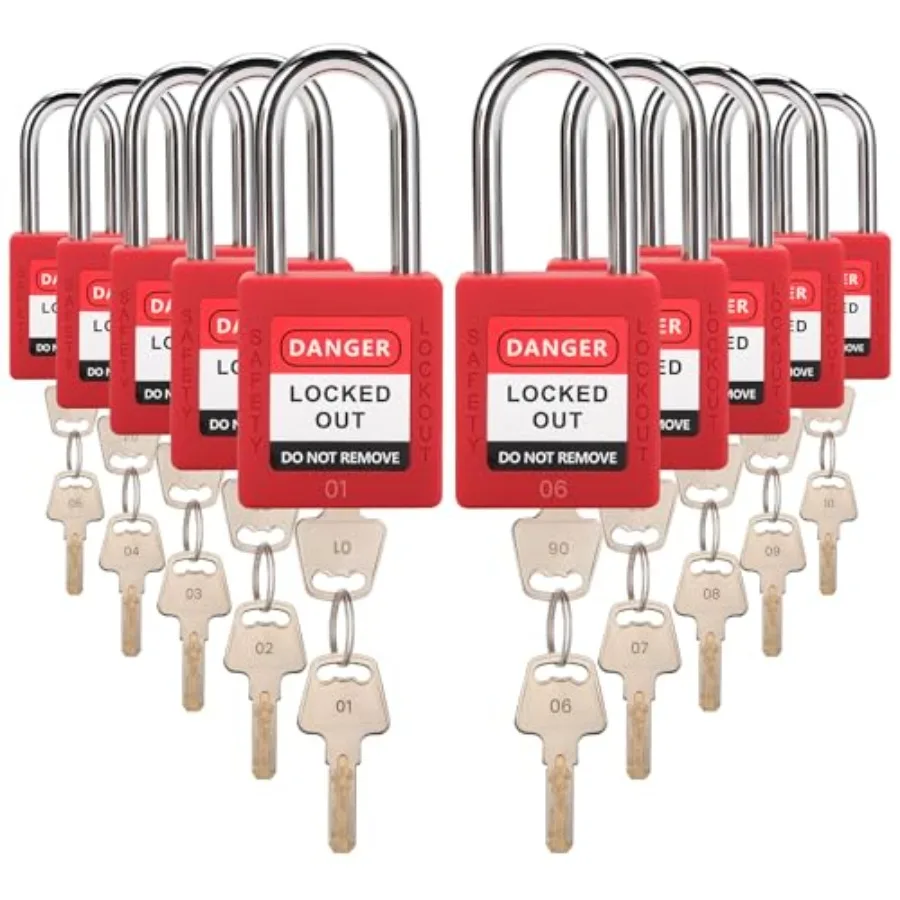 

Lockout Tagout Locks Set 10 Red OSHA-Compliant Safety Padlocks with 2 Keys Each Keyed Different Loto Locks for Electrical, Indu