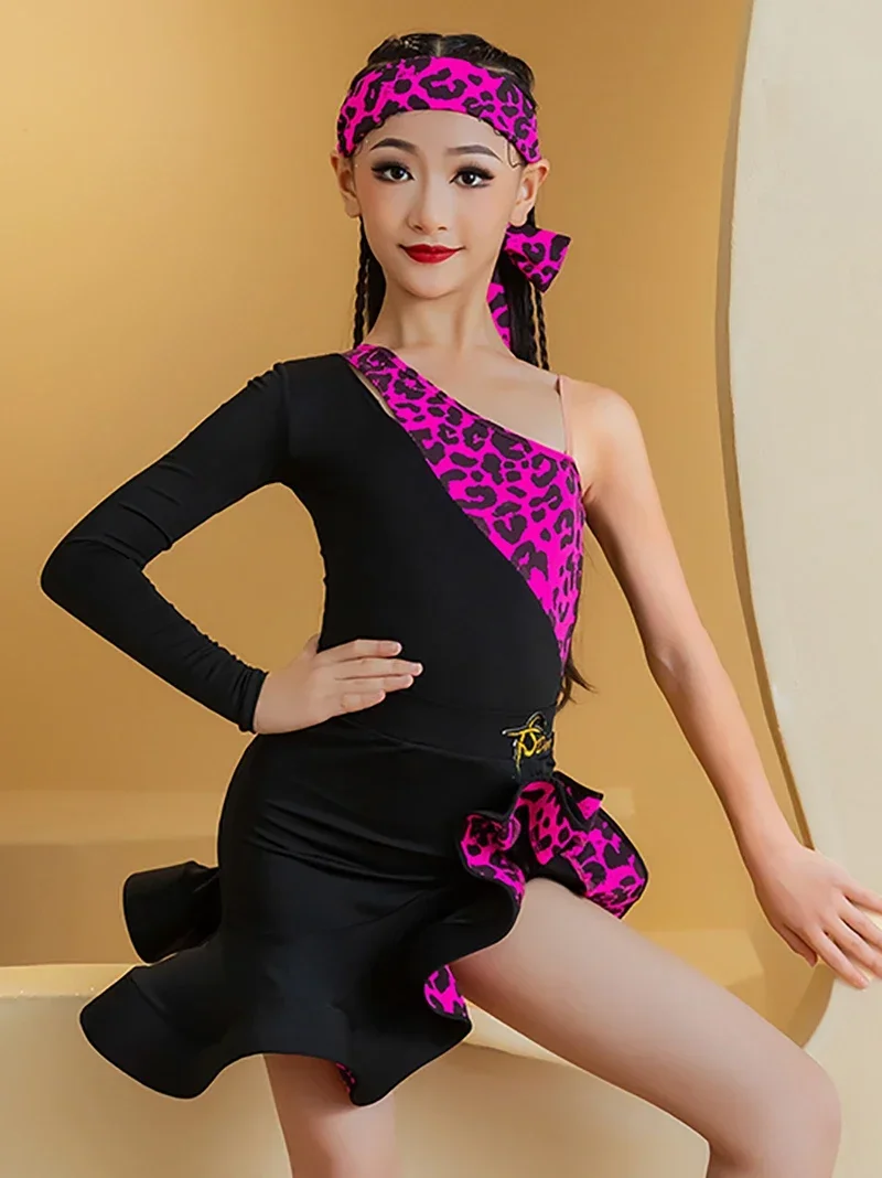 Vestidos de baile de actuación para niños, traje profesional de baile latino con estampado de leopardo rosa para niñas, mono de manga larga, faldas, trajes