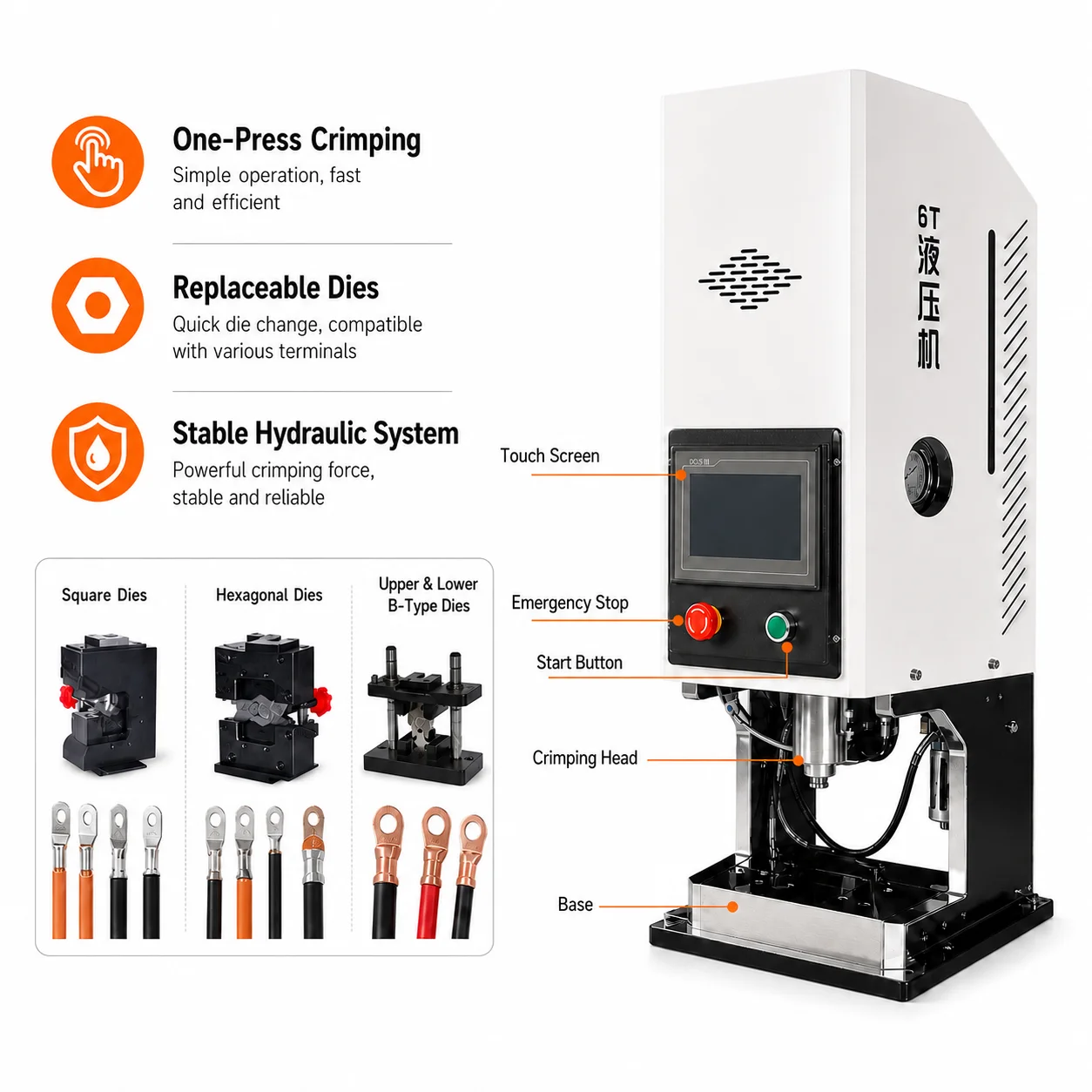 SQ-YYJ6 6T Hydraulic Terminal Crimping Machine 2.5-35 Sq Mm Touch Screen 3 Dies Interchangeable Semi-Automatic 800-1500 Cable