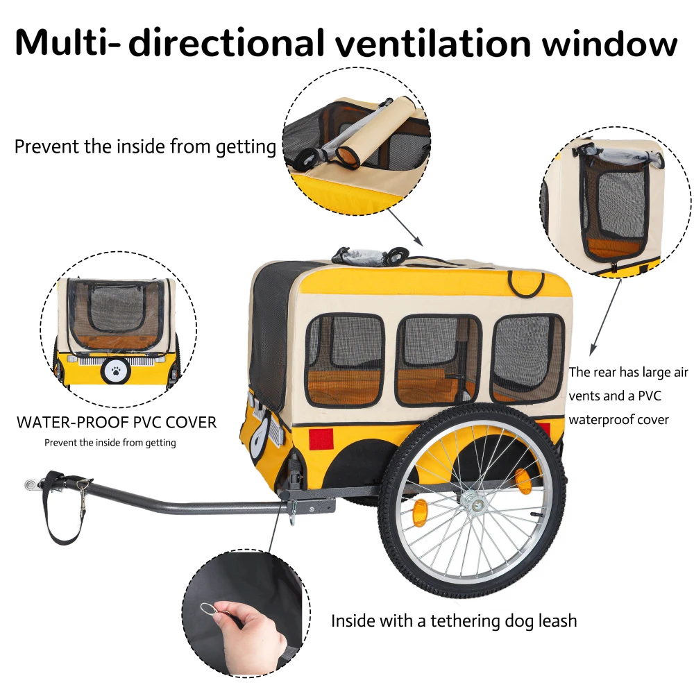 Large Folding Bike Trailer for Dogs - 20×2 1/8 Inches Wheels, Heavy-Duty Steel Frame, Spacious Design, All-Terrain Cycling, Jogging & Camping Adventure, Yellow