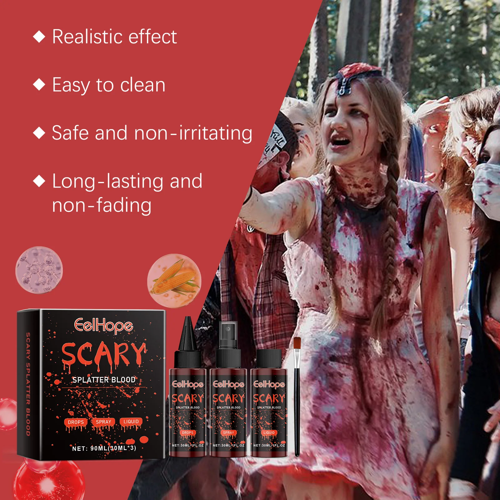 ฮาโลวีนเลือดปลอมแต่งหน้าชุด Blood Drop แวมไพร์ผีดิบคอสเพลย์ล้างทําความสะอาดได้ Mock เลือดสเปรย์เลือดปลอมสําหรับปาร์ตี้สยองขวัญสีแดงเครื่องมือ