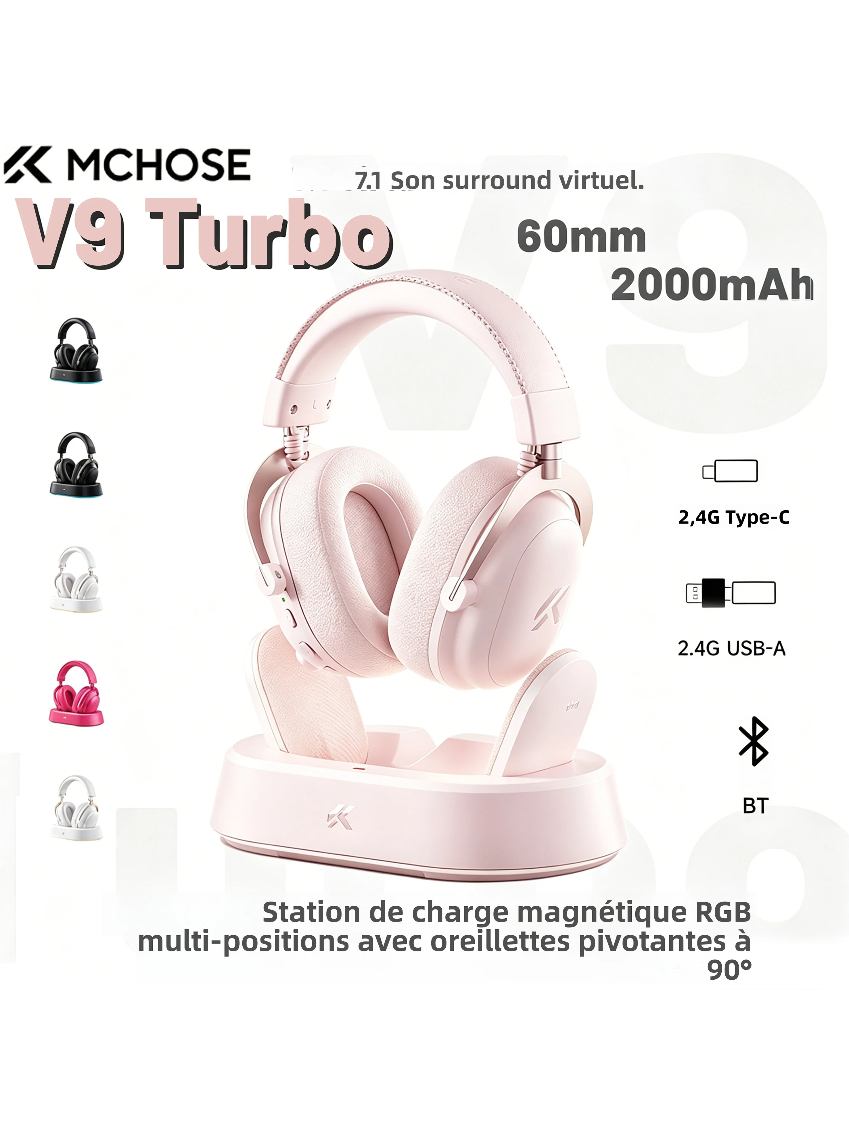 MCHOSE V9 Turbo+ Magnetyczny Bezprzewodowy Zestaw Słuchawkowy do Gier z Dźwiękiem Przestrzennym 7.1 90 ° Obrotowe nauszniki 60mm, niskie opóźnienie, RGB, ładowanie magnetyczne — 2