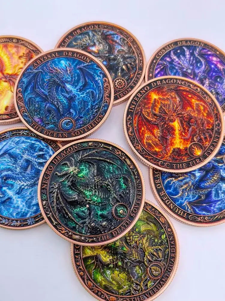 9 Designs 1 OZ Fantasy Mythisches Kreatur-Münzset .999 Feinkupfer Gedenkmünze Waldbrand-Eisdrache Sammlermünze Geschenk