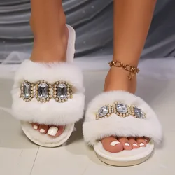 Winter Woman Slipper Luxury Slides Low Fur Shoes Flock Platform Pantofle Jelly Flip Flops Designer Plush Flat 2024 Glitter Cryst