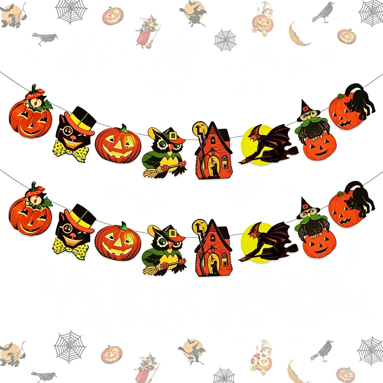 Vintage Halloween Papierbanner Retro Kürbis Schwarze Katze Geisterhaus Girlande für Heimwand Kaminsims Kamin Partydekorationen – Detail 2