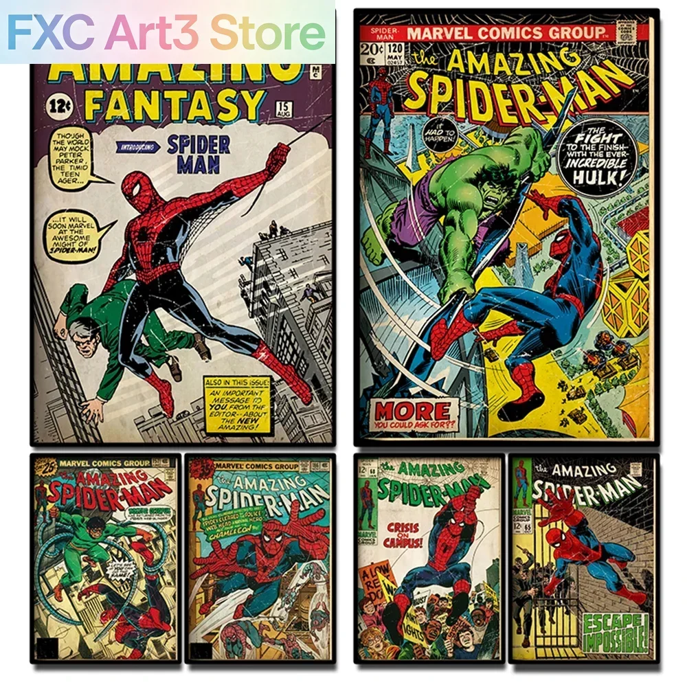1 Stück rahmenlose Leinwand, Retro Marvel Superhelden-Dekorationsgemälde, Anime Spider-Man Kunstposter, amerikanisches Film-Wandbild für Zuhause, Kinderzimmer