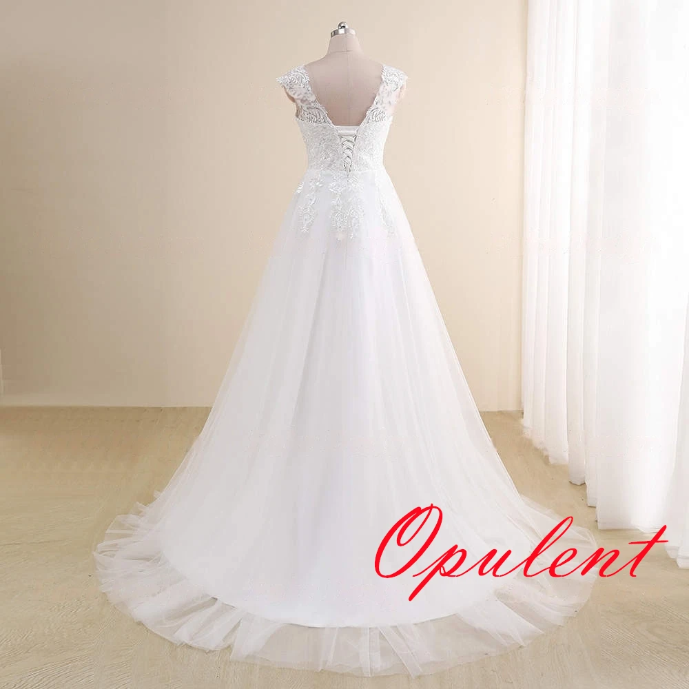 Aangepaste temperament witte tule trouwjurk hoge kwaliteit V-hals kapmouw bruidsjurken kapel trein rits terug jurk