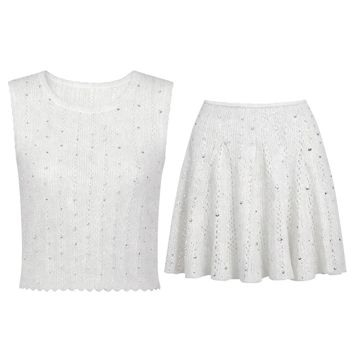 2026 Pink/Black/White  Knitting Women's Tops And Skirts High End Beads Women's 2 Pieces Sets 61305