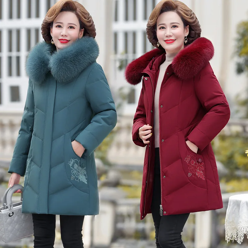 Real Fox Fur Collar White Duck Down Down Jacket Women\'s Mid-length 2021 Winter Dress Loose Middle-aged and Elderly Embroidered