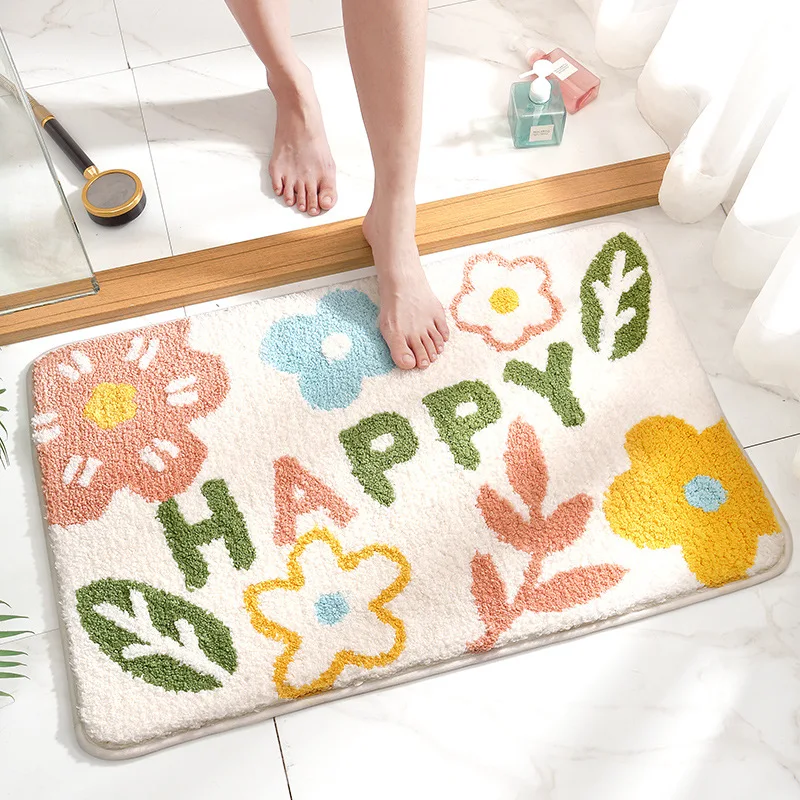

Super Absorbent Bath Mat - Non-Slip Flocking Floor Rug with Quick-Dry Tech, Floral Bathroom Decor