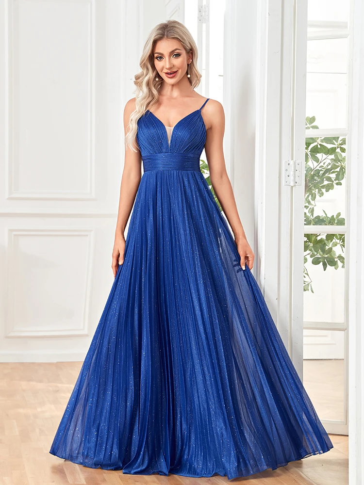 XUIBOL 2023 Elegant Evening Dress Sexy V-Neck A-Line Floor-Length Gown Blue Backless Prom Party Women Maxi Cocktail Vestidos