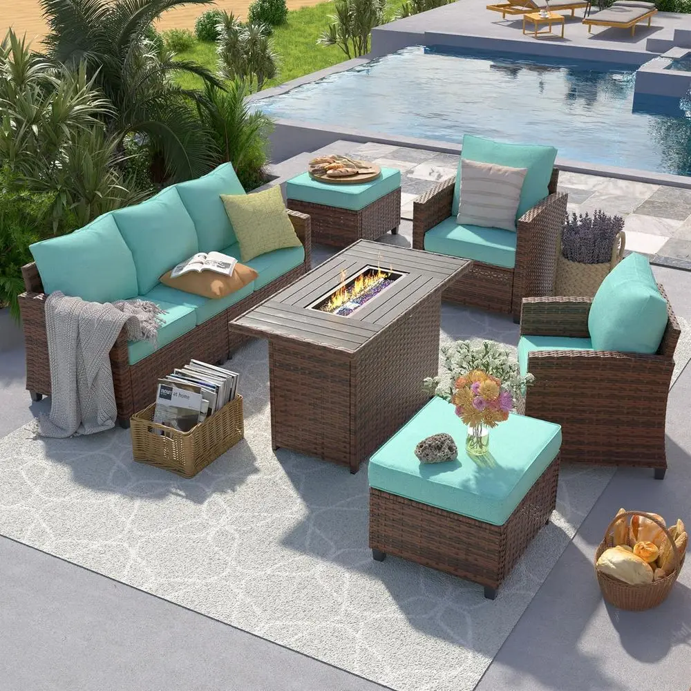 

44 Fire Pit Outdoor Sectional Set, 6-Piece Weather-Resistant Wicker Sofa with Thick Cushions, Light Blue