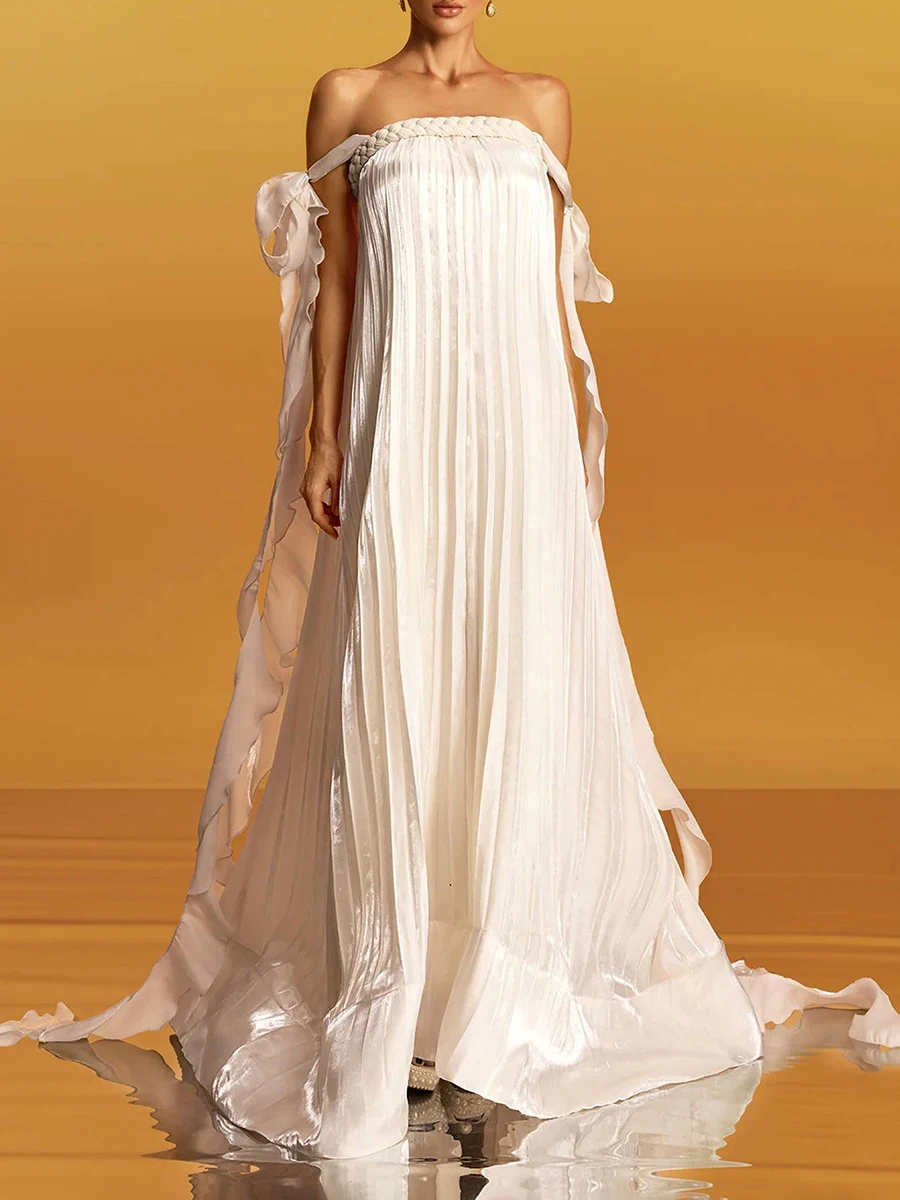 VGH مثير الملتوية عقدة مطوي فستان طويل للنساء حمالة عارية الذراعين المرقعة الشريط فضفاض مساء الجنية فساتين الإناث جديد