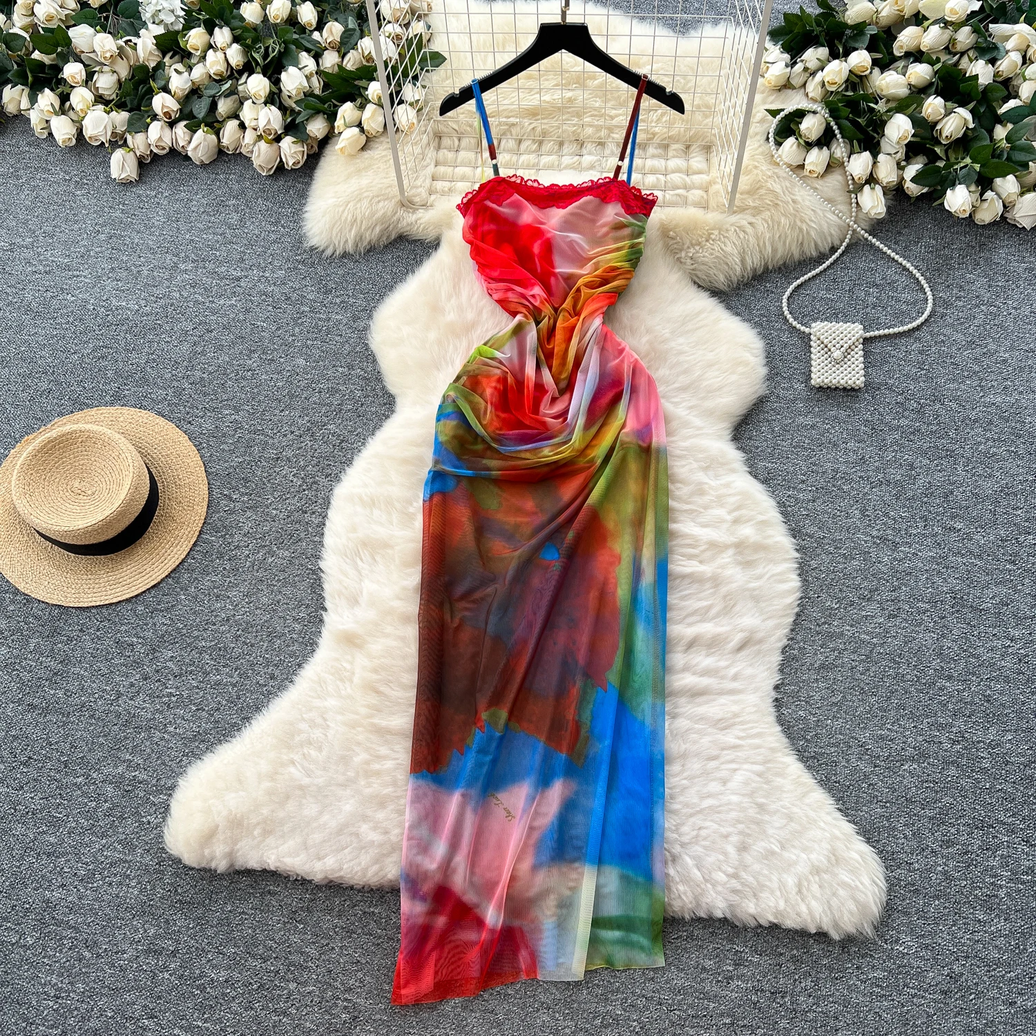 Clothland Women Sexy Print Mesh Cami Dress Adjustable Straps Sleeveless Backless Sheath Slim Fit One Piece Long Dresses QE126