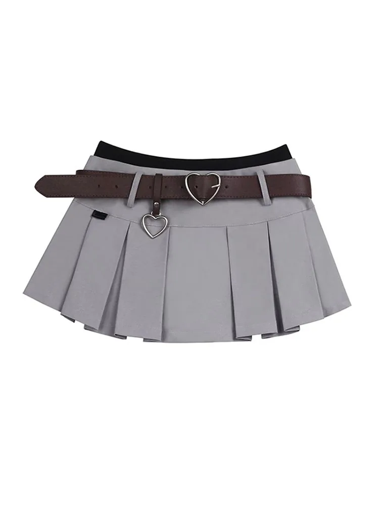 

Kpop Streetwear New Women Fashion Grey Pleated Skirt Casual Mini Office Lady A-Line Skirt With Belt Streetwear Preppy Style