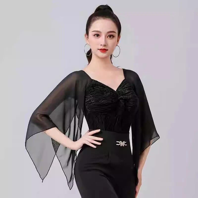 2024 New Modern Dance Clothes High-end Women's Latin Tops Chiffon Sleeve Ballroom Dance Wear Leotard  Waltz Bodysuit