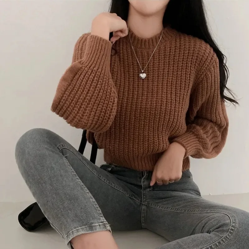 

Casual Solid Color Knit Pullover Fashion Short Knitted Top Autumn Winter Elegant O-neck Long Sleeve Sweater Sweet Loose Knitwear
