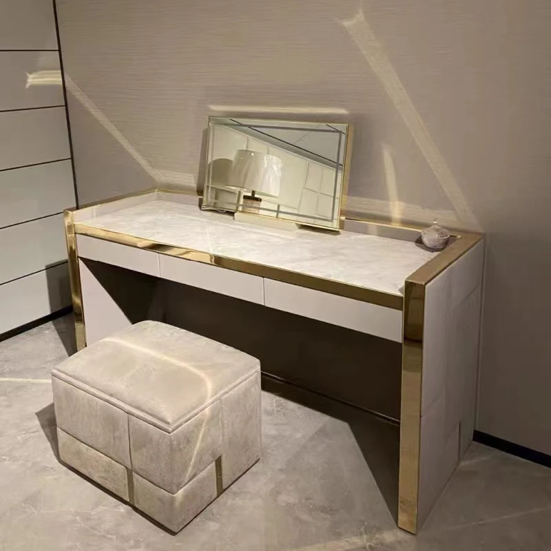 Premium Furniture Bedroom with Mirror Metal Frame Fabric Wrap Top Marble Dresser Set