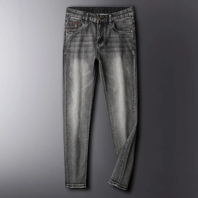 Rokerige Grijze Jeans Voor Heren Betaalbare Luxe Mode Stretch Nauwsluitende Kleine Straight Street Trendy High-End Kwaliteit Denim Broek