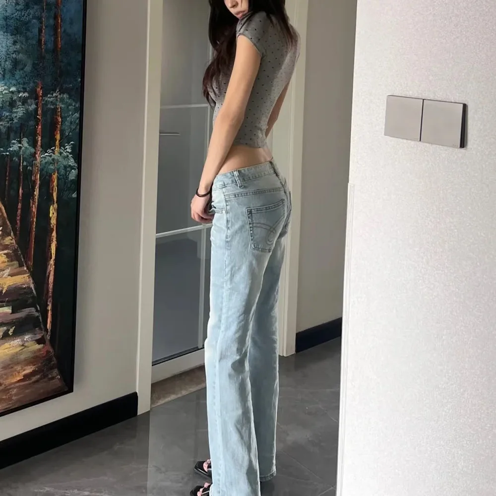 New Casual Woman’s Light Blue Denim Pants Retro Style Spice Girls Trousers High Waist Spring Autumn Letter Splicing Design Jeans view 2