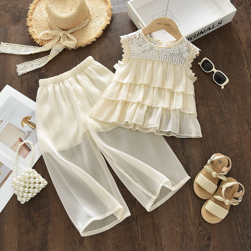 Summer Fashion Casual with Multi-layer Lace Hollow Pattern Vest Top and Pants Two-piece Set for Girls Aged 3-7 Korean Version