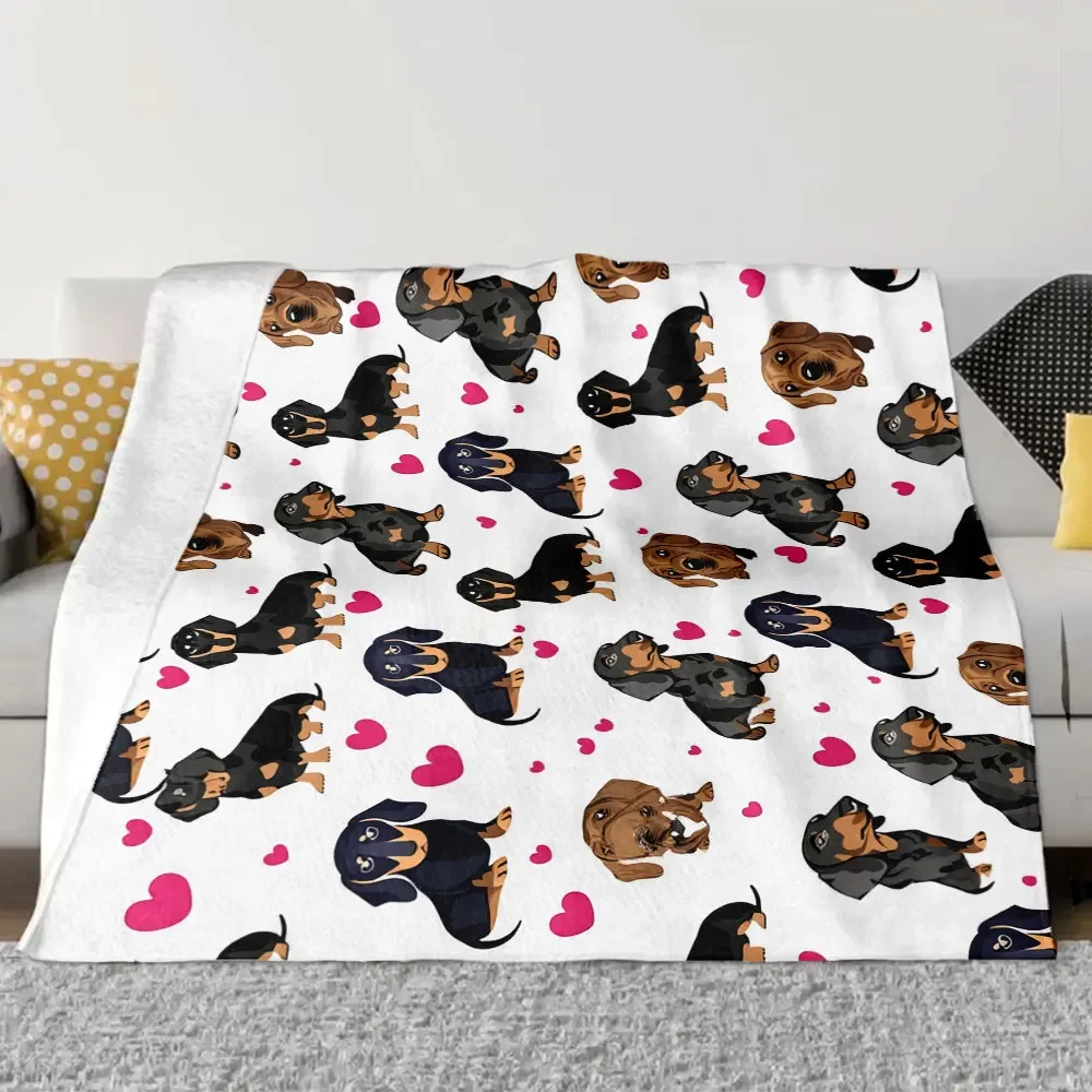 Dachshund & Pink Heart Printed Blanket - Whimsical Cartoon - Style Throw with Black/Tan, All - Black, and Brown/Tan Doxies, P