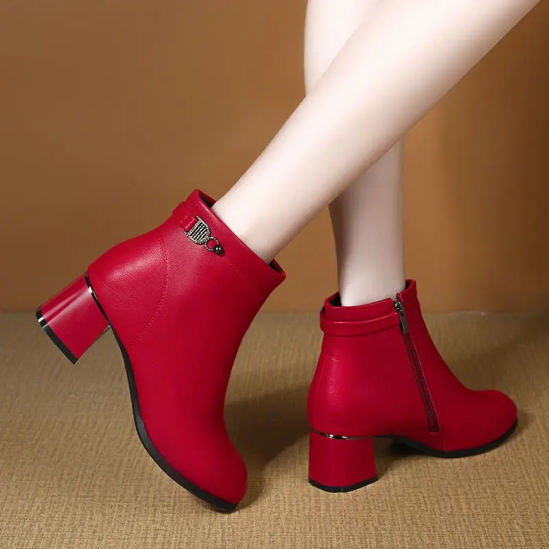 FHANCHU 2023 Women Ankle Boots,Soft Bottom Short Botas,Autumn/Winter Shoes,Round Toe,Block High Heels,Red,Black,35-40,Dropship