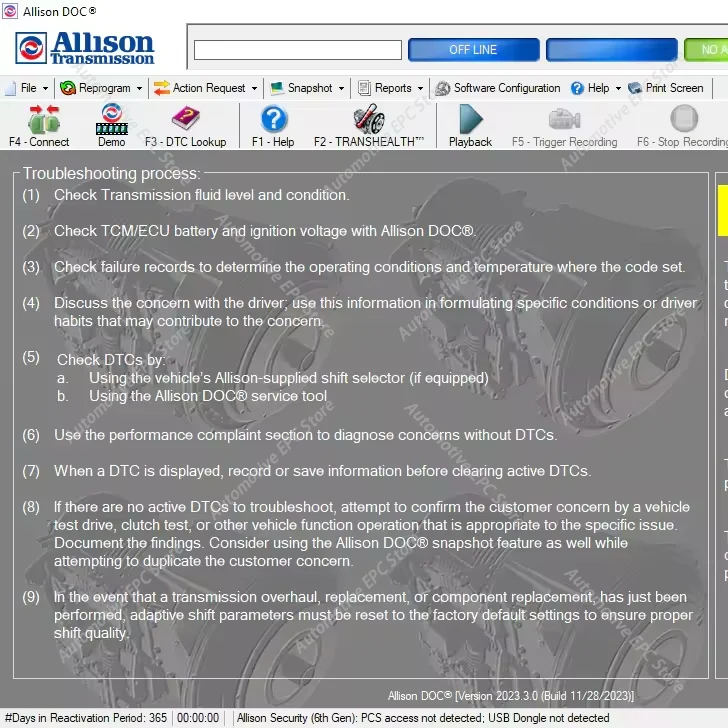 

Для диагностического программного обеспечения трансмиссии Allison DOC Premium с файлами данных Gen 5, программирование V2024.11
