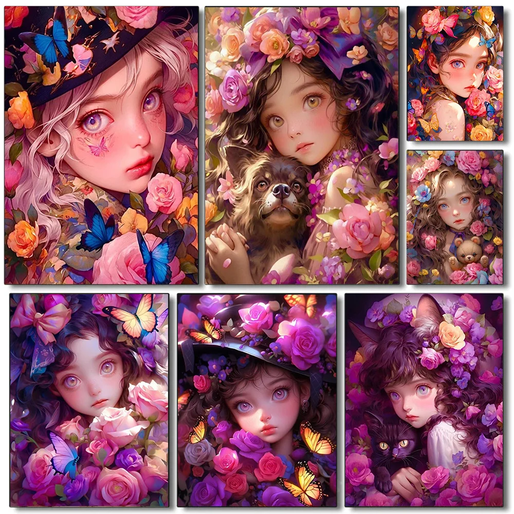 5D DIY Cute Girls And Little Animals With Flowers Full Drills Colorful Diamond Painting Mosaic Kits Embroidery Cross Stitch