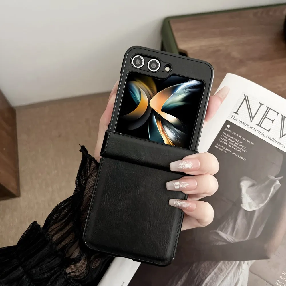 For Samsung Galaxy Z Flip 6 5 4 3 Case Luxury Faux Leather Hinge All-inclusive Folding Shockproof Protective Hard Back Cover