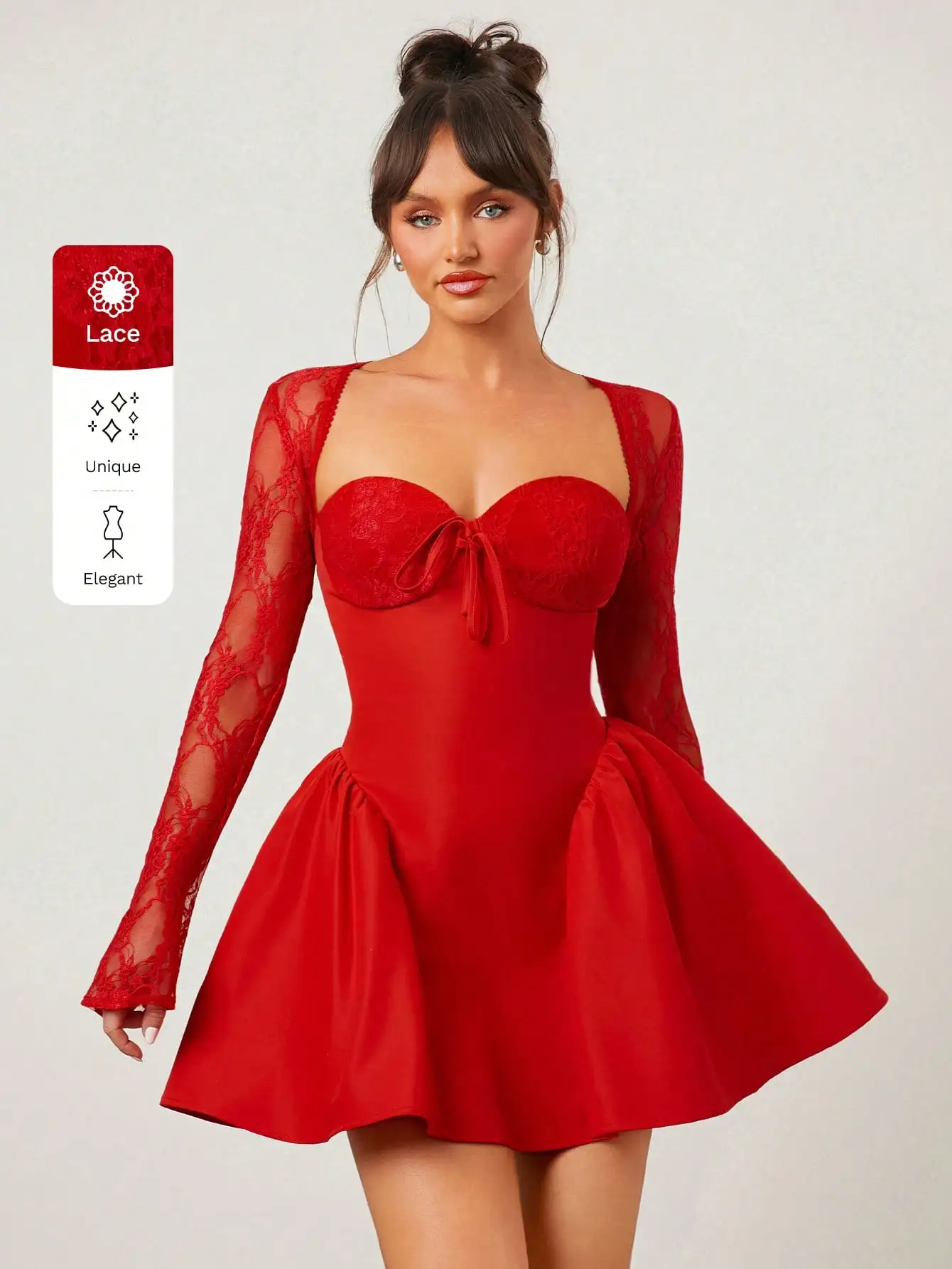 

Red Lace Long Sleeve Mini Dress with Bow Detail and Flared Skirt