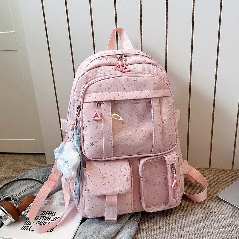 Oxford Fashion Student Backpack Aesthetic Multi-Pocket School Bag Large Capacity Casual Travel Daypack with Floral Lace Detail