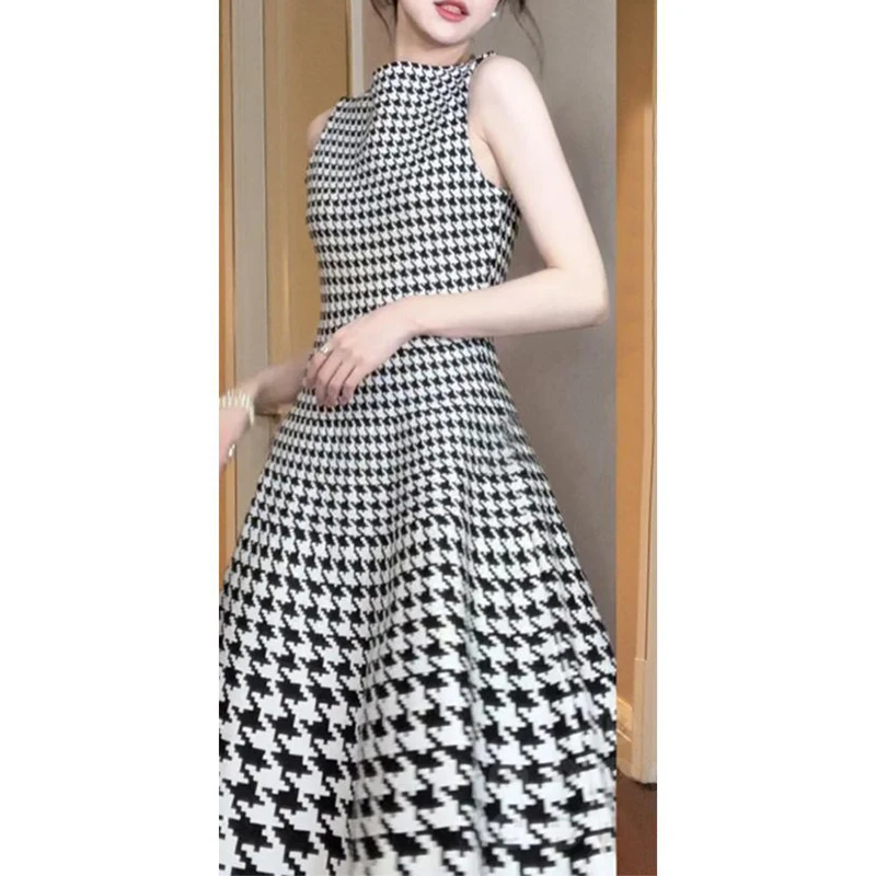 

Summer Autumn Chic Fashion Casual Sleeveless Dresses Sexy Harajuku Lady A-line Skirt Elegant Printed Houndstooth Female Clothes