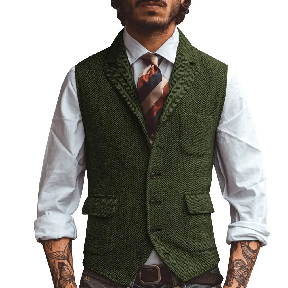 ใหม่ผู้ชายชุด Herringbone Fabaric อย่างเป็นทางการ Waistcoat สำหรับงานแต่งงานเจ้าบ่าวชุดสำหรับงานแต่งงาน