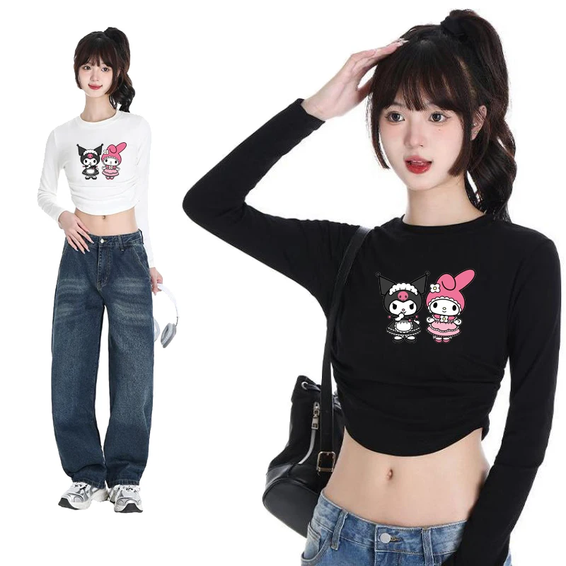 Kuromi Anime Printing Spring Autumn New Long Sleeve Revealing Tops Fashionable Versatile Solid Color Girl Skinny Cotton Interior