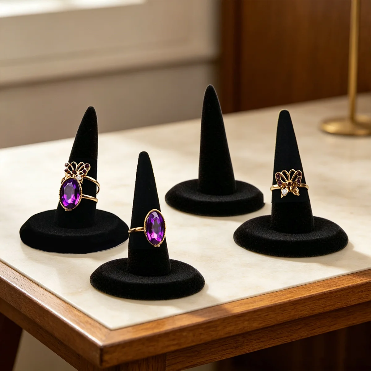 Black Velvet Ring Stand Tapered Finger Shape Ring Holder Jewelry Display Rack For Counter Shop Photograph Prop
