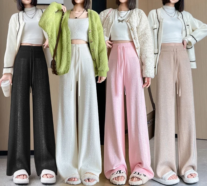 High quality knitted wide leg pants for women's autumn and winter high waisted straight tube thickened cashmere floor mops