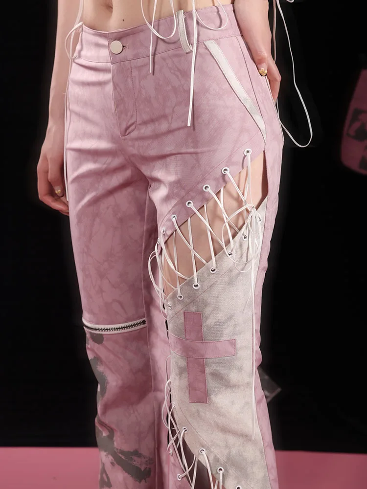 Sweet Lace-up Hollow Gray Plaid Fashion Slim Trousers Spring Summer Street Girl Low Waist Versatile Age-reducing Street Pants