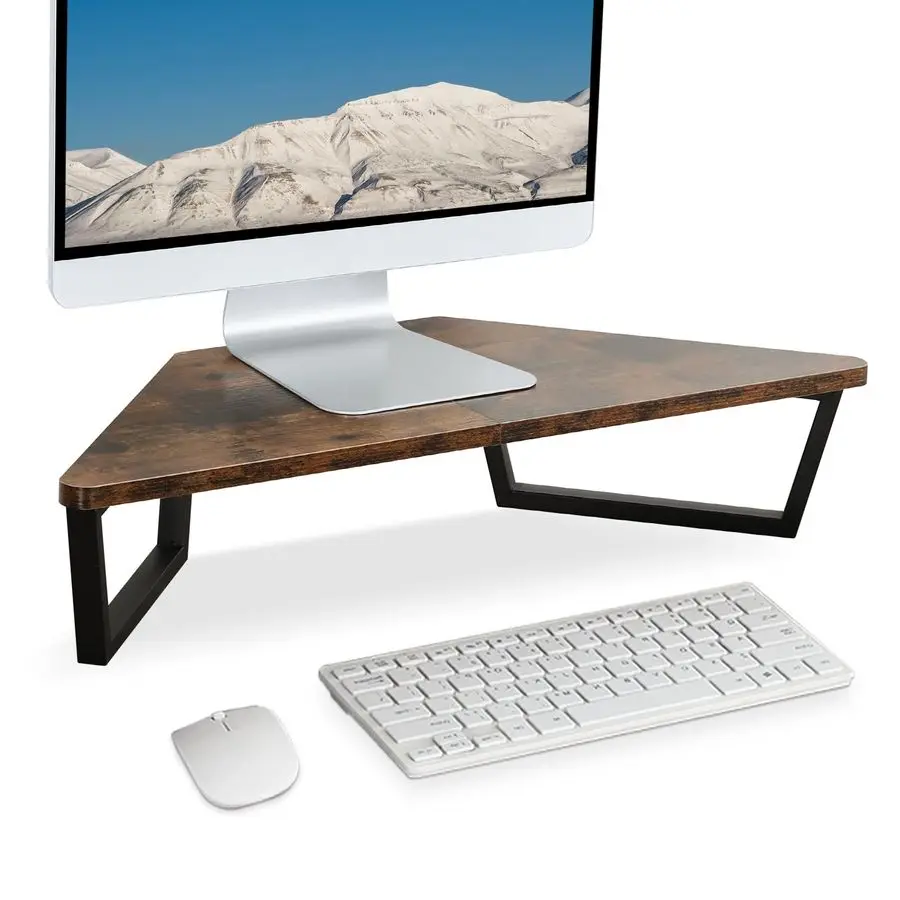 

26 inch Triangle Monitor Stand Riser, Desktop Corner Shelf with Metal Leg Wood Computer Stand with Storage Laptop Riser Office O
