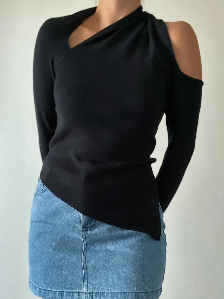 VGH Irregular Solid Hollow Out Slimming Sweaters For Women Diagonal Collar Long Sleeve Minimalist Pullover Sweater Female New