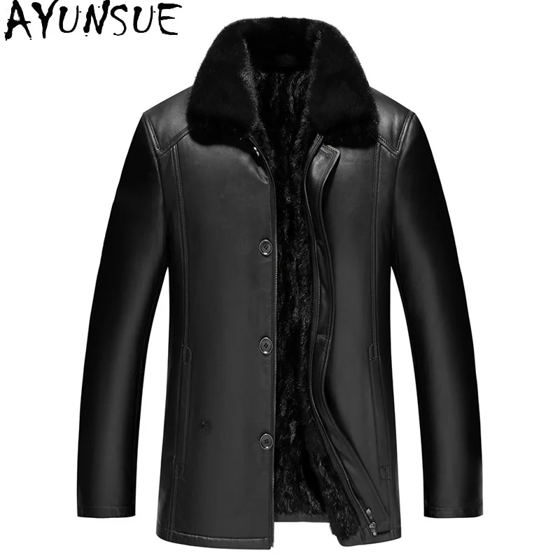 AYUNSUE Winter Genuine Leather Jacket Men Real Sheepskin Jackets for Men Mink Fur Liner Collar Mens Leather Coat Мужская Одежда