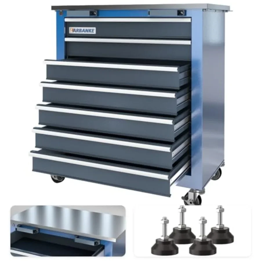 Rolling Tool Chest for Workshop Use, Steel Construction, Black Finish, Lockable Wheels Padded Feet for Stability and Mobility