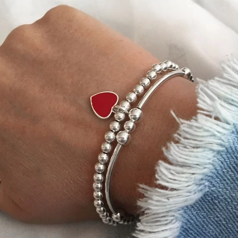 Boho Fashion Bracelets For Women New Punk Silver Color Beads Chain Red Heart Pendant Jewelry Valentine\'s Gift For Female B048