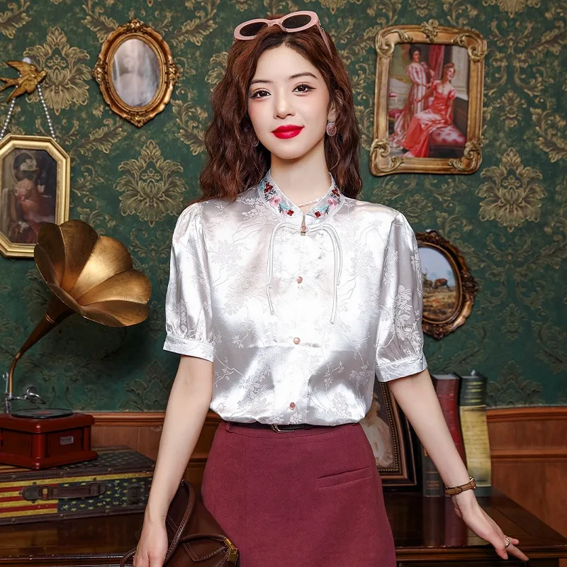 Chinese Style Women's Blouses Embroidery Vintage Shirts Fashion Loose Summer Clothing Short Sleeved Satin Women Tops