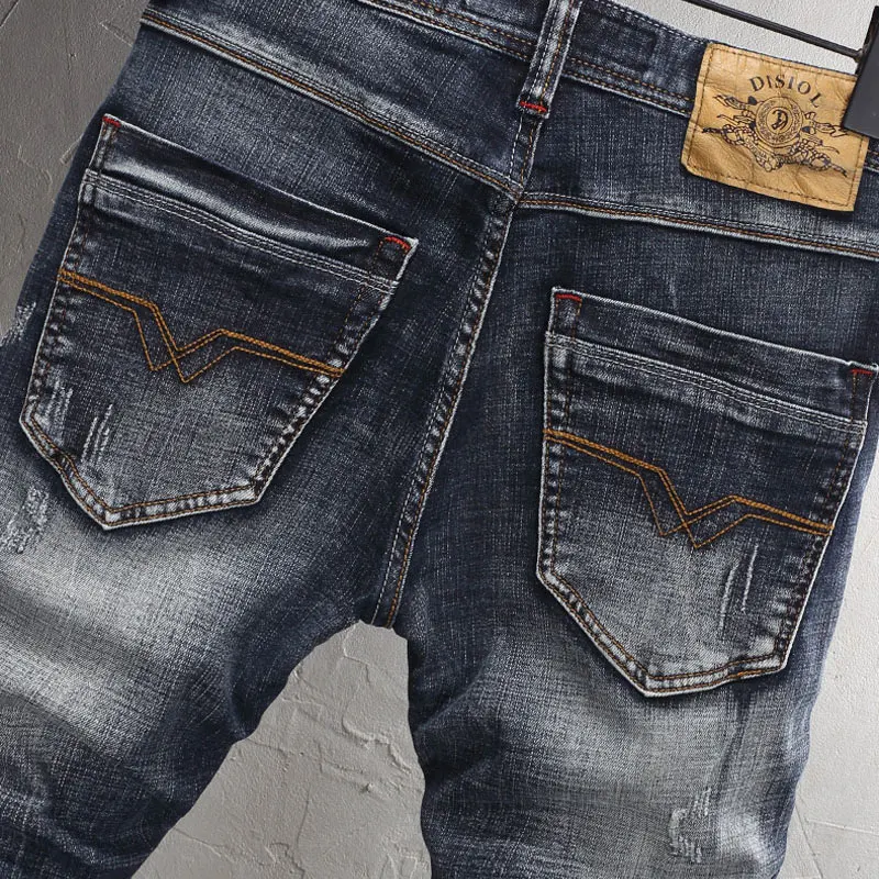 Italian Style Fashion Men Jeans High Quality Retro Black Blue Elastic Slim Fit Ripped Jeans Men Vintage Designer Denim Pants