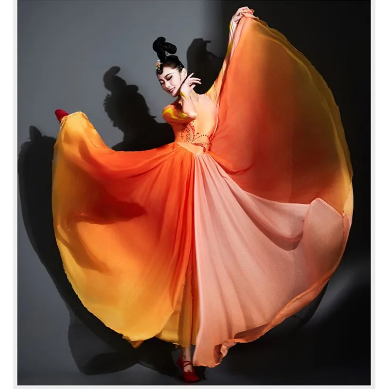 

Women Classic Opening Dance Performance Clothing Long Orange Chinese Modern Dance Dress