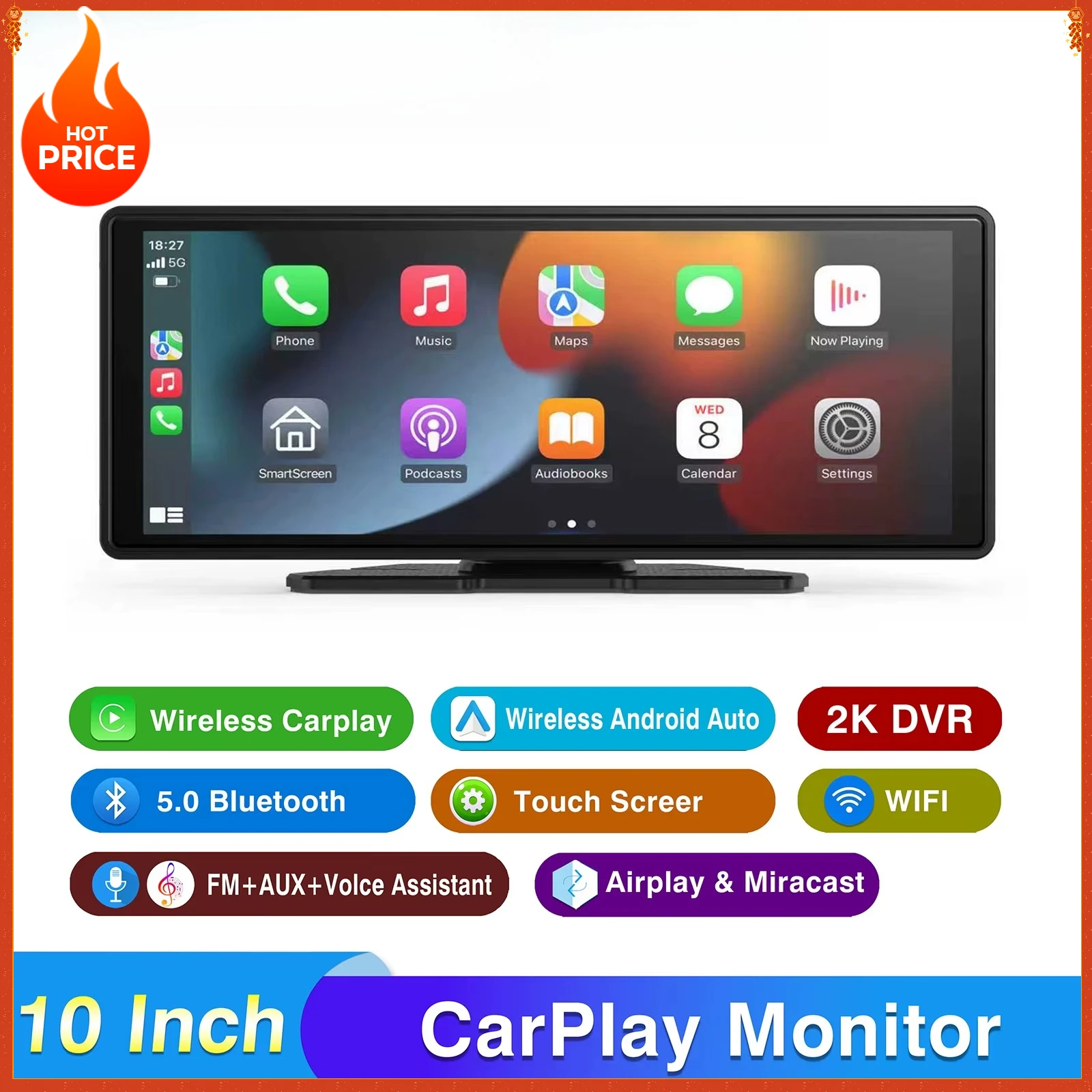 

Mirror Link Wireless Carplay Android Auto 10Inch Portable Screen for Car GPS Navigation AR Stereo Audio Receiver