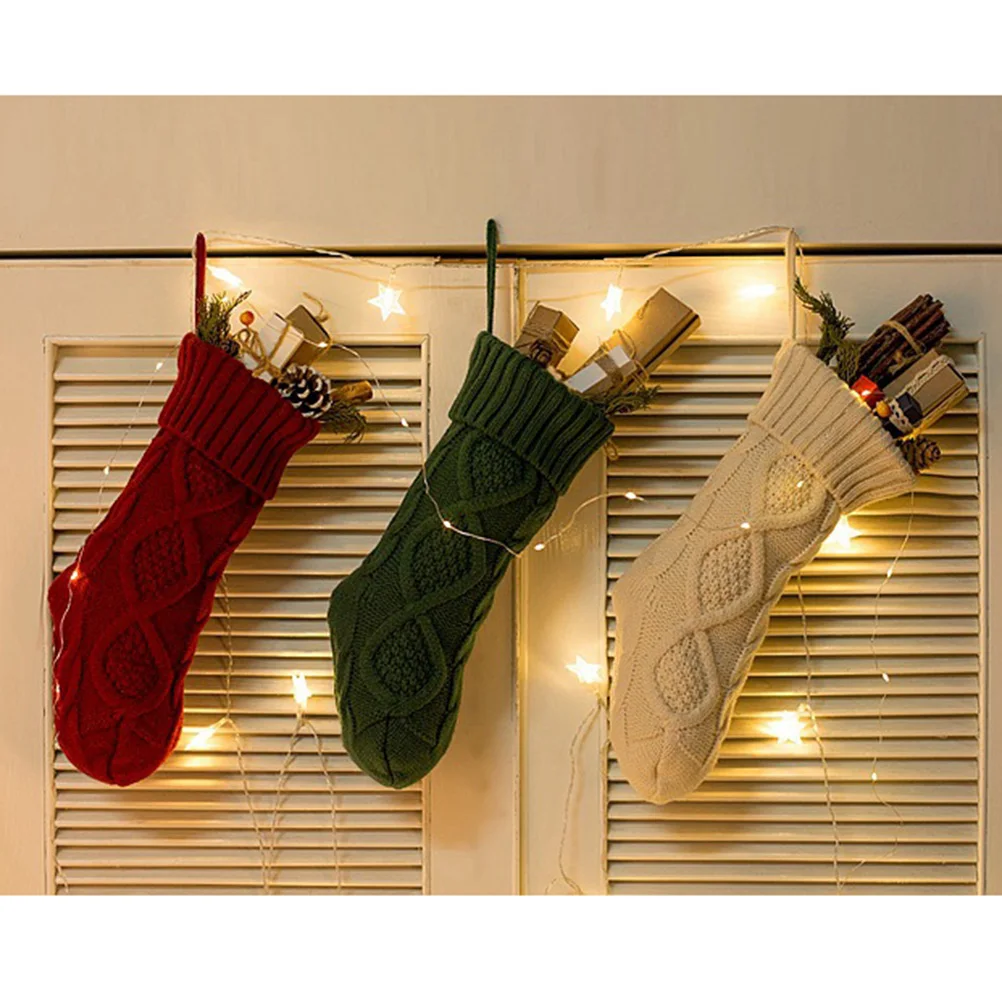 

3pcs 37Cm Christmas Stocking Hanging Decoration Knitted Ornaments For Fireplace Tree Holiday Window Display Purplish-Red Green